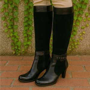 ITALIAN LEATHER Black Suede and Leather Dual Ankle Buckle Heeled Boots, 8M